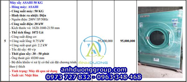 Máy sấy công nghiệp Asahi 50kg cũ nhật bãi
